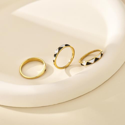 Kainier 6mm 14k Gold Plated Rings Polished Checkerboard Bands Knuckle Statement Pointer Finger Ring Comfort Fit Size 5-92