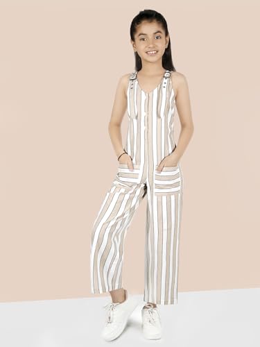 Naughty Ninos Girls Beige Coloured Striped Pure Cotton Jumpsuit (Nn01018Drs_11-12 Years)