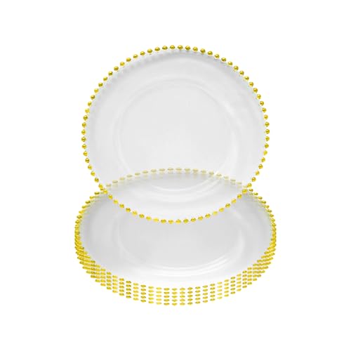 WedDecor 33cm Stylish 6pcs Clear Charger Plates with Gold Beaded Rim – Acrylic Charger Plates for Weddings, Parties, Kitchen Décor, and Tabletop Styling, Affordable Bulk Options