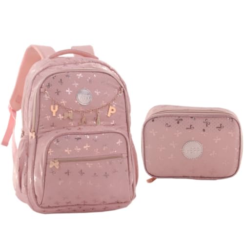 Mochila De Costas Passeio Escolar Metalizado Luxo Juvenil 18” Com Estojo Estampa Borboleta Feminina (ROSA)