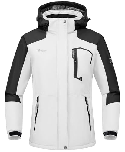 Rdruko Skijacke Damen Warme Winterjacke Gefüttert Verdickt Softshelljacke Wasserdicht Snowboardjacke Atmungsaktiv mit Abtrennbarer Kapuze - Schwarz mix Weiß, L