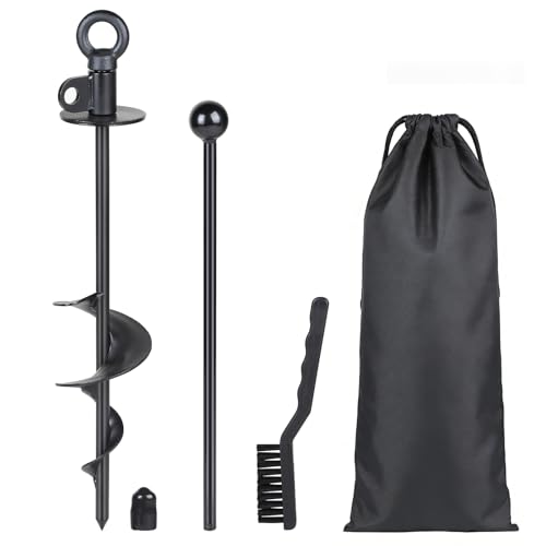 SWAWIS Piquet d'attache pour Chien Noir 38cm avec Anneau Rotatif à 360°, pour Chiens Pesant Moins de 100kg, avec Brosse de Nettoyage et Levier, pour Camping...