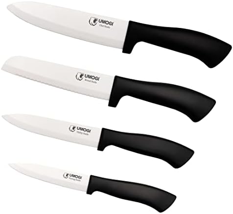 UMOGI Ceramic Knife Set with Sheath in Gift Box - Healthy Stain Resistant & Non-Rust,Dishwasher Safe - Black Kitchen Knife Set with 6''Chef Knife, 6''Serrated Bread Knife,5''Utility & 4''Paring Knife