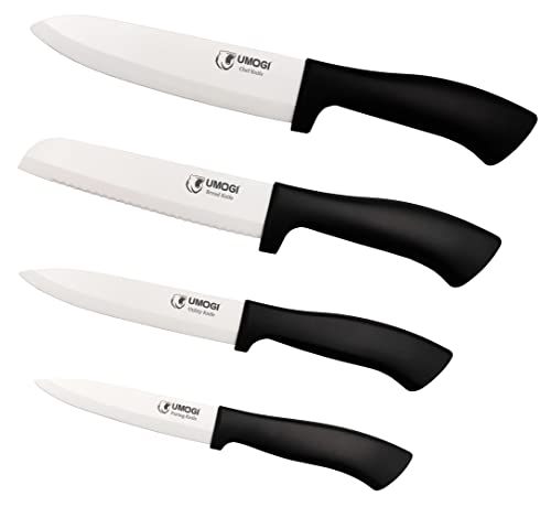 Umogi Ceramic Knife Set With Sheath In Gift Box - Healthy Stain Resistant & Non-Rust,Dishwasher Safe - Black Kitchen Knife Set With 6''Chef Knife, 6''Serrated Bread Knife,5''Utility & 4''Paring Knife #TOP2