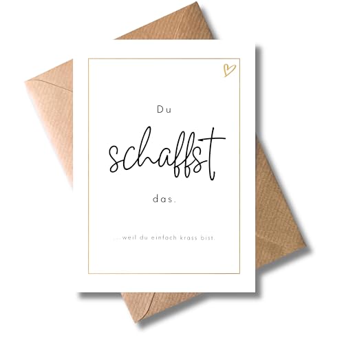 WBdesignz Aufmunterungskarte Du schaffst das. mit Umschlag - süße Motivationkarte mit goldenem Rahmen- und Herz-Detail - perfekt für Geburtstag Abschied Neuanfang oder als Dankeschön (DIN A6)