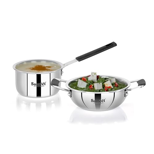Image of Sumeet Cook Smart ISI Certified Tri-Ply (Steel - Aluminium - Steel) Set of 2 Pcs Mini Kadai 370ml - SauceTadka Pan 450ml with Silicon Grip | Induction and Gas Friendly | 2.5mm Thick, Silver