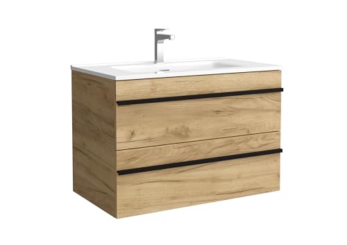 Salgar Mueble de baño Born 80 cm 100% montado de fábrica Acabado Roble suspendido 2 cajones Cierre amortiguado Apertura Tirador Perfil Lavabo Porcelana Blanca Marca, 97956