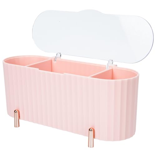 SECFOU 三格仕切り付き化粧品収納ボックス 大容量ピンク メイクパッド 綿棒オーガナイザー 家用多機能ケース デスク整理に