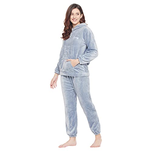 Image of CAMEY Women Winter Full Sleeve Top and Pajama Pants Regular Fit Night Suit Hooded Top and Pyjama Set Ladies Night Dress (Free Size, Blue)