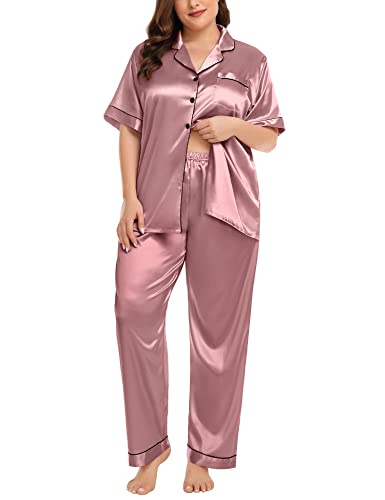 Image of SWOMOG Women's Plus Size Pajamas Silk Satin Pajama Set Short Sleeve Shirt with Full-Length Pants Pjs Sleepwear Set 18W-26W