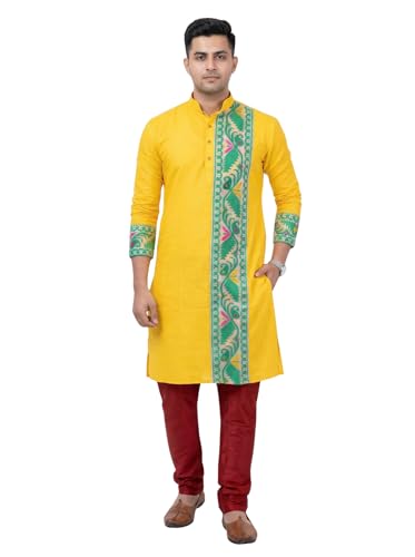 Image of Men's Jamdani Printed Kurta Pajama Set | Pure Cotton Ethnic Kurta with Mandarin Collar & Dupion Silk Pyjama | Festive & Weddings 303A12A 303SB12B(M XXL)