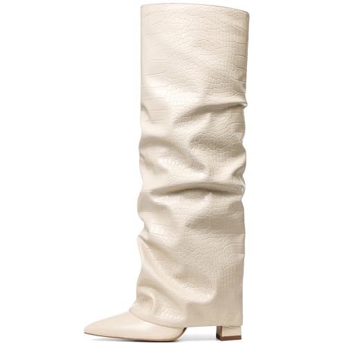 Image of SaraIris Women's Slouchy Knee High Boots - Black, Pointed Toe, Fold Over, Chunky, Shark Boots