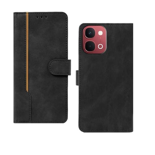 Image of amazon basics Vivo Y51 Pro 5G Flip Cover | Card Pockets Wallet & Stand | Flip Cover for Vivo Y51 Pro 5G (Black with Beige Strip)