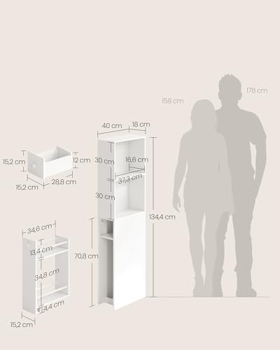 VASAGLE Badezimmschrank hoch, Hochschrank, Badschrank schmal, freistehend, mit Schubladen und höhenverstellbarer Ablage, für kleine Räume, modern, klassikweiß BBK567T14
