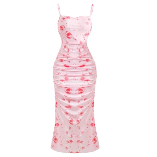 Image of Women's Floral Ruched Bodycon Midi Dress Sleeveless Mesh Fishtail Slip Dresses