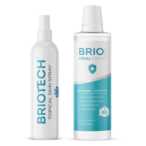 BRIOTECH Hypochlorous Acid Self Care Routine: Multi Purpose Topical Body & Facial Mist, 8 fl oz + Alcohol Free Oral Swish Mouthwash Rinse, 16.9 fl oz Cover