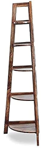 Image of HITHOS Solid Sheesham Wood 5 Tier Corner Shelf | Wooden Ladder Bookcase for Living Room, Bedroom and Office | Floor Standing Home Decor Display Rack for Plants & Books (Brown Finish)
