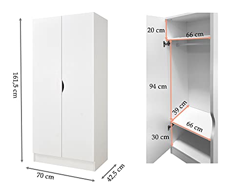 Leomark Weiß zweitüriger Kleiderschrank für Kinder - Roma - praktisch und funktional Schrank, dim: 70 x 42,5 x 161,5 (H) cm, Kommode für Kinder und Jugendliche