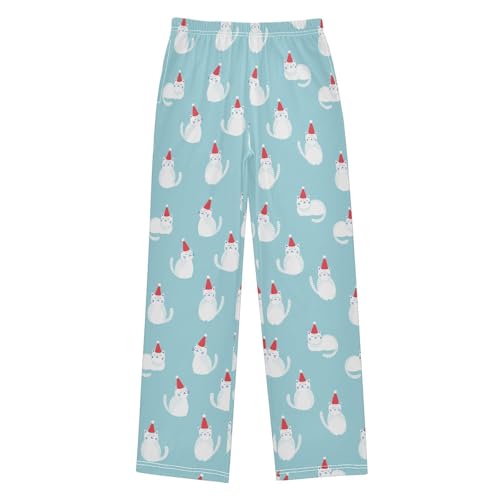 Merry Christmas Cat Boys Long Pants Soft Trousers Elastic Waist Kids Lounge Bottoms with Pockets S-XL