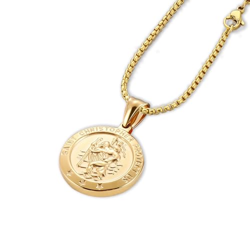 St Christopher Necklace Mens Womens,14k Stainless Steel Saint Christopher Pendant Silver Gold Religious Necklaces Perfect gifts for Family Parent Friend Patron Saint of Travellers