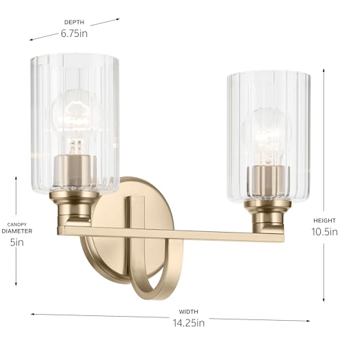 Image of Kichler Gioe 2-Light Vanity Light Fixture 14.25 inch Bathroom Light with Clear Fluted Glass in Champagne Bronze for Bathroom Vanity Over Mirror (14.25 inch W x 10.5 inch H), 55225CPZFLU