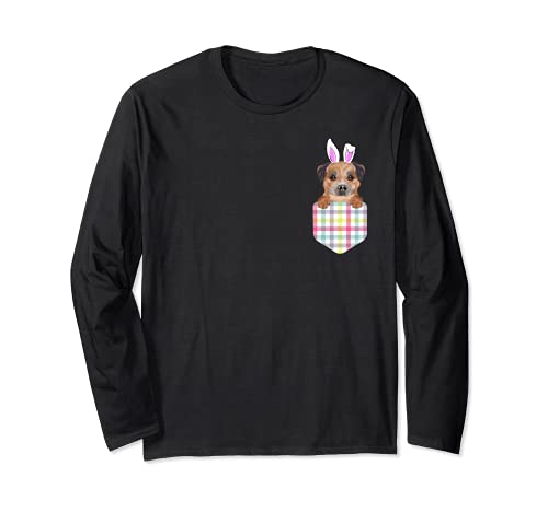 Easter Plaid Border Terrier Bunny Dog In Pocket Long Sleeve T-Shirt, Black