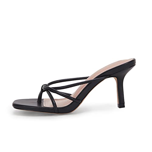 LAICIGO Women’s Square Open Toe Flip Flops Stiletto Heels Strappy Thong Slide on Slingback Mules Sandals 6