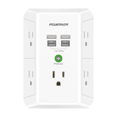 Multi Outlet Extender Surge Protector - POWERIVER Multi Plug Wall Outlet with 5 AC Outlets and 4 USB...