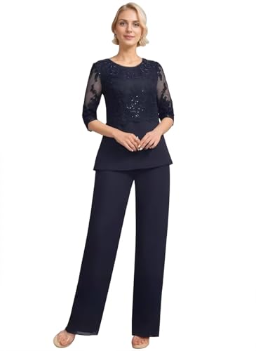 3 Pieces Mother of The Bride Pant Suits for Women Dressy Elegant Wedding Chiffon Lace Formal Outfits with Jacket RJX033