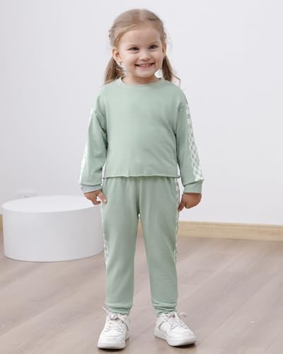 Image of SANMIO Toddler Girl Clothes 2 Piece Outfits Girls Tracksuit Activewear | Long Sleeve Crewneck Checkered Sweatshirts and Sweatpants Casual Fall Winter Clothing Set