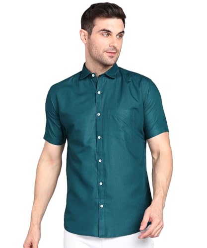 Image of MILDIN Men's Cotton Blend Solid Shirt with Spread Collared Half Sleeve Curved Hemline Button Closure Regular Fit and One Pocket | Half Sleeve Shirt for Men