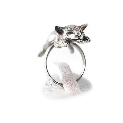 POYAMUSE Lovely Sleeping Cat Finger Ring - Retro Cat Kitty Lying on Finger Design for Cat Lover