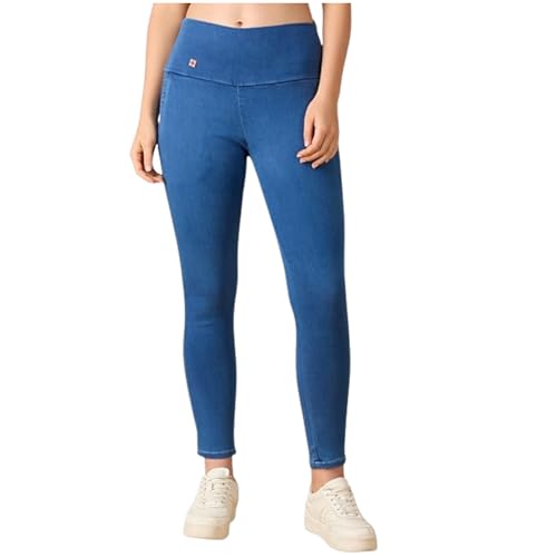 Image of 4FLIES Women's High Waist Slim Fit Jeggings | Super Combed Denim Stretch Ankle-Length Pants with Wide Waistband | Comfortable, Breathable Denim Look Leggings for Casual, & Office Wear