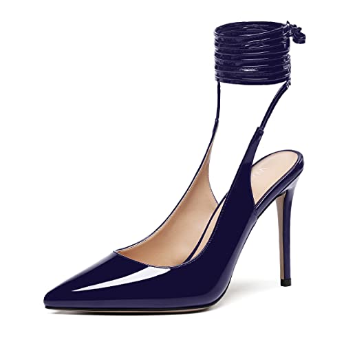 WAYDERNS Women's Slender Wrap-Around Ankle Straps Pointed Toe Slingback Patent Stiletto High Heel Pumps Shoes 4 Inch