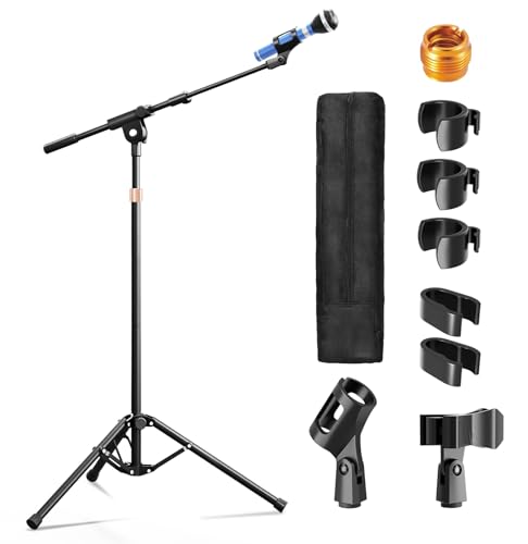 OUKMIC Mic Stand with Boom Arm, Heavy Duty Tripod Microphone Stand Floor Holder Height Adjustable with Carrying Bag and 2 Mics Clips for Singing Performance, Home Studio Recording, Podcast and Stage
