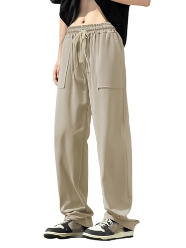 Mens Casual Linen Pants Loose Fit Elastic Drawstring Waist Stylish Solid Mid Rise Wide Leg Baggy Trousers