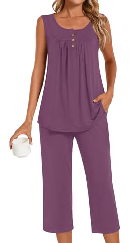 Image of Bestbee Women's Sleeveless Pajama Sets 2 Piece Sleepwear Summer Lounge Outfits Henley Tanks Capri Pants Ladies Pjs