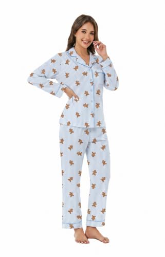 Image of LUBOT Christmas Pajamas for Women 100% Cotton Pajama 2 Piece PJ Set Soft Long Sleeve Button Xmas Print Loungewear XS-XXL