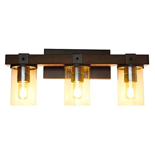 Image of Elegant Designs VT1009-BWN Industrial Rustic Lantern Restored Wood Look 3 Light Bath Vanity, Brown