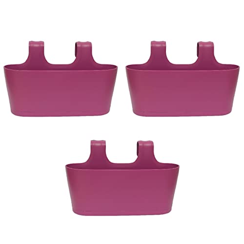 ENGELLAND 3 x Blumenkasten zum Auf-Hängen, Farbe: Lila, Blumentopf, oval, Balkon, Übertopf, Pflanzkasten, mit Wasserspeicher/Wasserauffangschale