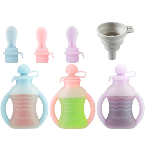 PandaEar 3 Pack Reusable Silicone Baby Food Pouches with 3 Puree Feeder Spoons & Funnel | 4oz Toddler Food Storage Pouch with Handle | BPA-Free Baby Squeeze Pouches for Homemade Purees
