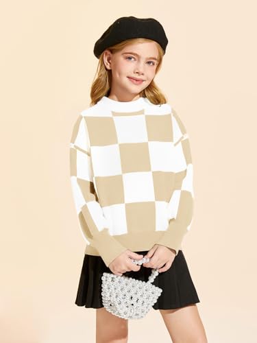 Girls Sweaters Kids Fashion Plaid Mock Neck Pullover Sweater Tops 5-14 Years2
