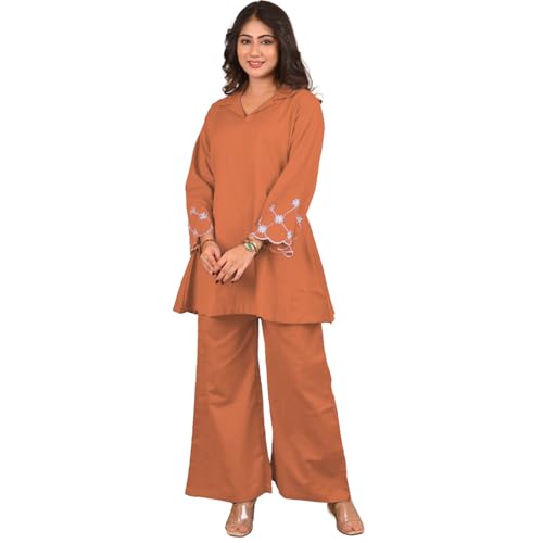 Image of SHIENZY Women Rayon Embrioded Co Ord Set | Stylish V Neck Co-Ord Set for Women | Straight Kurta & Plazzo | Short Kurti and Pant | Party & Ethnic Wear | Traditional & Casual Kurti Set
