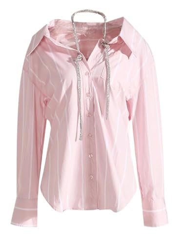 Vsadsau Women Rhinestones Striped Big Size Blouse Lapel Long Sleeve Loose Spring Autumn Shirt2
