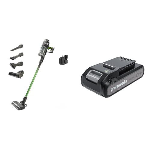 Greenworks 24V Kabelloser Staubsauger, hohe Saugleistung, bis zu 45 Minuten Laufzeit, Hepa-Filter, Tierhaaraufsatz, 3 Leistungsstufen, 3 Jahre Produkt Garantie mit 24V 4Ah Akku und Ladegerät