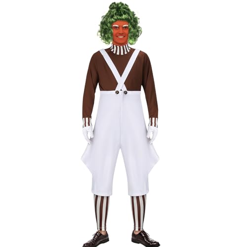 ZIFUNMUR Mens Candy Chocolate Factory Worker Costume Shirt Jumpsuit Outfit with Gloves Leggings Adult Halloween Cosplay Props (Adult, X-Large)