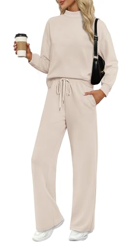 WIHOLL Trendy Outfits for Women 2 Piece Long Sleeve Lounge Sets Resort Wear Cruise Two Piece Matching Sets Fall Loungewear Comfy Active Spring Tracksuit Women's Winter Sweatpants Suit Beige S