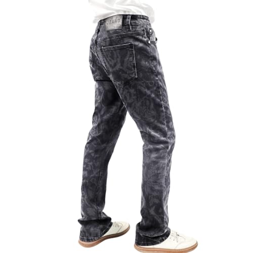 Men's Floral Print Straight Leg Skinny Elastic Force Jeans, Black Gray Acid Wash Denim, Vintage Style Pattern 5