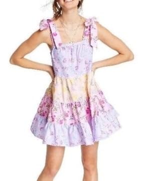 Image of Women Tie Shoulder Mini Dress Floral Ruffle Babydoll Dress Boho Square Neck Sundress Cute Summer Dresses