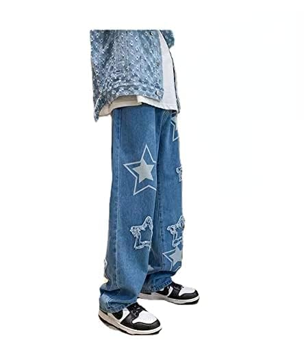 Vintage Men's Korean Denim Pants Y3K Cltohes Streetwear Printed Patchwork Male Baggy Jeans Straight Trousers Blue2